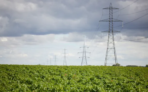 Greend fields pylons This landscape photograph was taken in the early afternoon during the summer season and shows green fields in Derbyshire, England, United Kingdom. The image focuses on an agricultural area where electricity pylons stand tall and stretch into the distance across the fields, illustrating the intersection of rural agriculture and infrastructure. The sky is filled with clouds, suggesting typical summer weather in this region. The fields in the foreground are lush and indicative of active agricultural land use in Derbyshire, while the electricity pylons form a distinctive, repeating pattern as they cross the landscape.